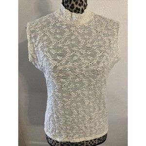 Dress Barn Blouse top L Shear embroided Ivory cream Jewel neck sleeveless